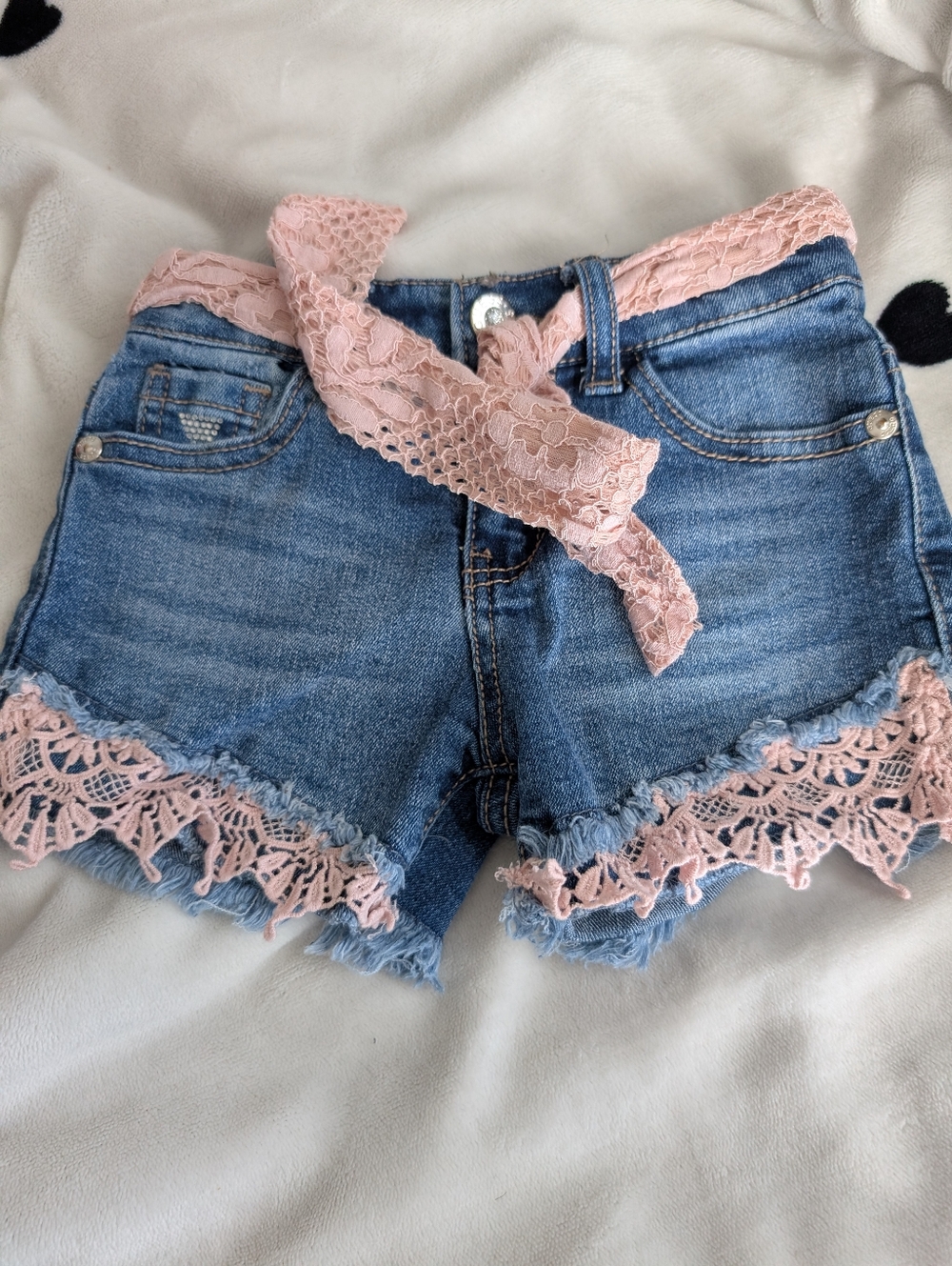 Guess Blue Denim Shorts with Pink Lace Trim